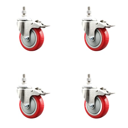 4 Inch 316SS Red Polyurethane Wheel Swivel ½ Inch Stem Caster Set Lock Brake
